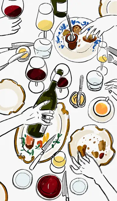Table setting with wine, coffee and food at Batu